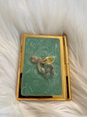 Gold and Mint Green Marbled Enamel and Floral Accented Memo Pad Purse Compact